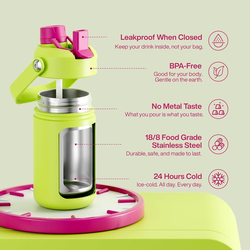 ENCOOL Kids Insulated Water Bottle with Straw - 12oz Stainless Steel Water Bottle with Dual Spouts, Leak-Proof, BPA-Free, Double Wall Vacuum Keeps Cold for 24 Hours for Sports, Travel, School (Acid Green) - Image 5